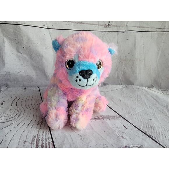 Gallerie Leopard Plush Stuffed Animal Rainbow Pink Blue Opal Eyes 6in - Picture 1 of 7